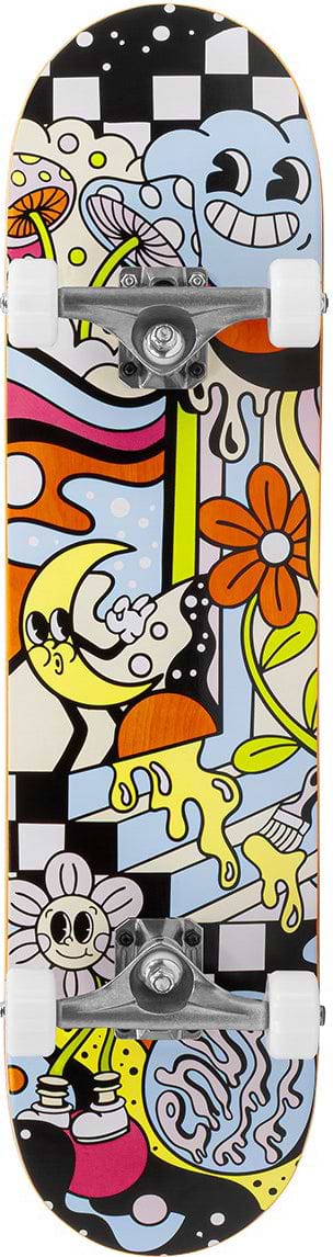 The Enuff Meltworld Dazed Complete Skateboard (7.75" x 31.5") features colorful cartoon-style art with abstract shapes, smiling faces, flowers, and bold lines in orange, yellow, blue, and black for a vibrant beginner board.