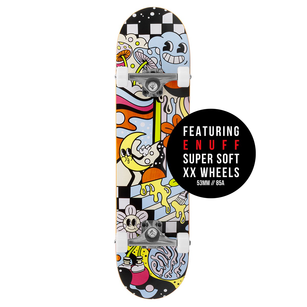 The Enuff Meltworld Mini Dazed Complete Skateboard (7.25" x 29.5") features playful cartoon graphics and Enuff’s super soft 53mm 85A XX wheels—perfect as a kids’ skateboard.