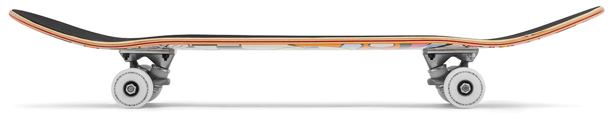 Side view of the Enuff Meltworld Dazed Complete Skateboard 7.75" x 31.5" by Enuff, featuring white wheels and a maple deck with vibrant graphics, shown on a white background—perfect for beginners.