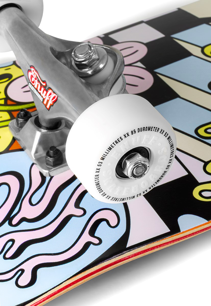 Close-up of the Enuff Meltworld Mini Dazed Complete Skateboard (7.25" x 29.5") by Enuff, featuring white wheels with specs, silver trucks with logo, and a colorful abstract graphic—ideal as a kids skateboard.