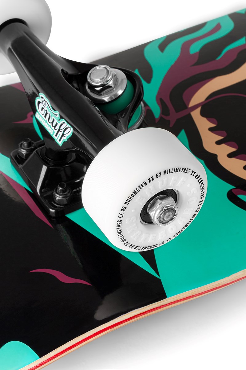 Close-up of the Enuff Pyro III Blue Complete Skateboard - 7.75" x 31.5" showing wheel and truck on a 7-ply maple deck with striking black, teal, and magenta graphics; ideal for entry-level riders wanting style and durability from Enuff.