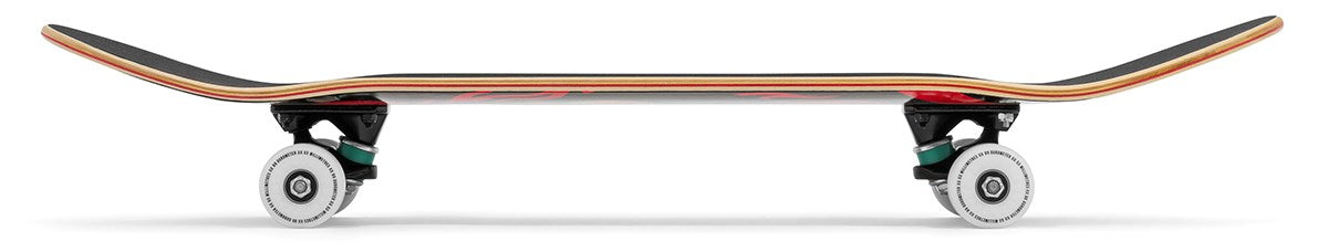 Side view of the Enuff Pyro III Red Complete Skateboard (7.75" x 31.5") by Enuff, showing its black 7-ply maple deck with visible wood layers, metal trucks, and white wheels, set against a white background.