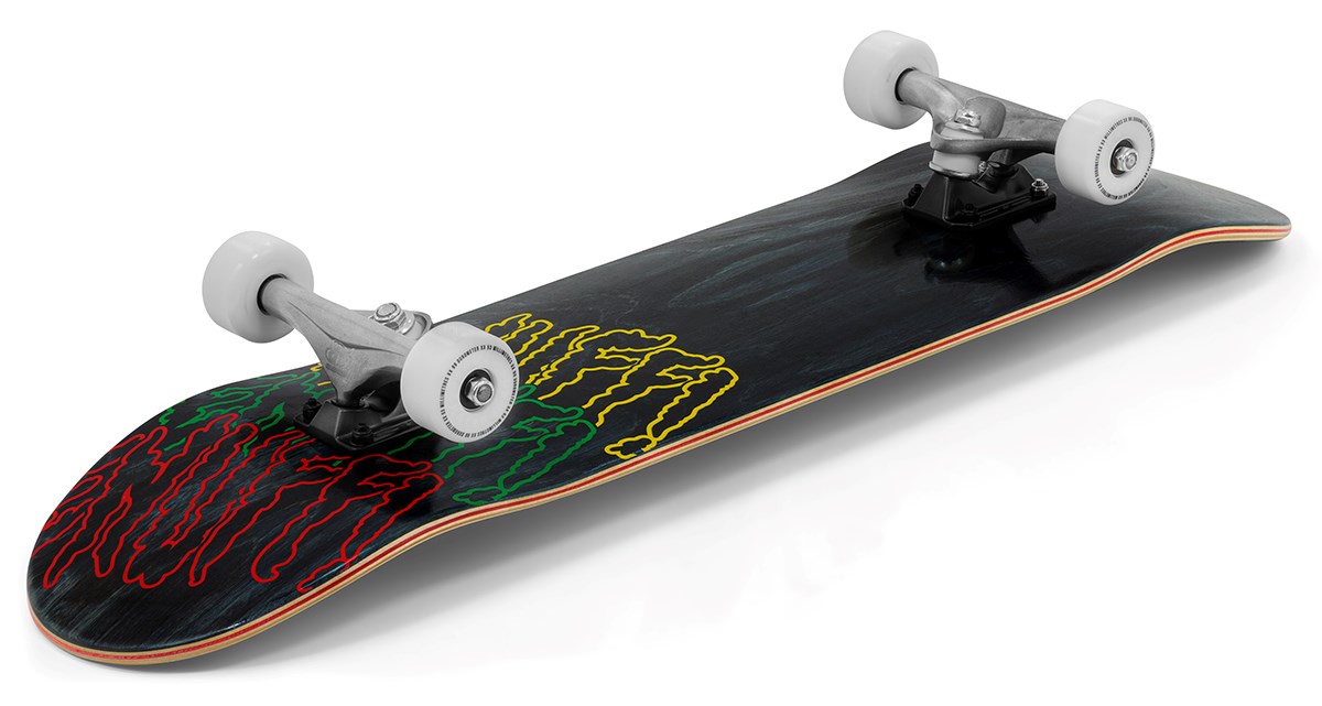 The Enuff Three Tier Reloaded Black Complete Skateboard (8.0" x 32.0") features a 7-ply maple deck, white wheels, and bold red, yellow, and green graphics on the underside. Shown here on a white background.