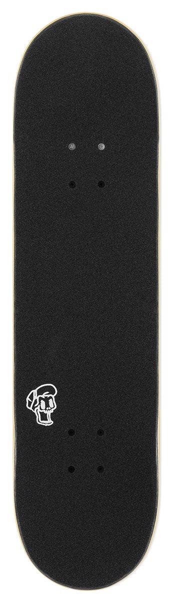 The Enuff Three Tier Reloaded Black Complete Skateboard (8.0" x 32.0") by Enuff features a black 7-ply maple deck with a small white skull graphic near the tail and visible bolt holes, shown from above on a white background.