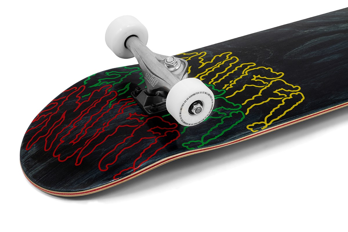 A close-up of the Enuff Three Tier Reloaded Black Complete Skateboard (8.0" x 32.0") by Enuff, featuring white wheels, silver trucks, and a black deck with a vibrant abstract design in red, yellow, and green lines.