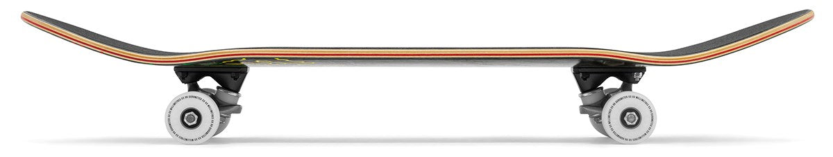A side view of the Enuff Three Tier Reloaded Black Complete Skateboard (8.0" x 32.0") shows its 7-ply maple deck with upward curves at both ends and four white wheels mounted on black trucks underneath.