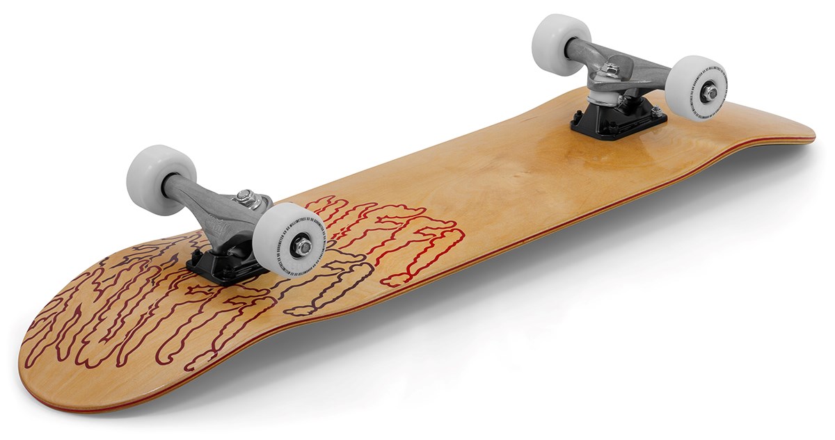 The Enuff Three Tier Reloaded Natural Complete Skateboard (8.0" x 32.0") by Enuff features a 7-ply maple deck, white wheels, silver trucks, ABEC 7 bearings, and an abstract red and brown line design on the top near one end.