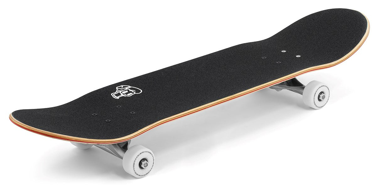 The Enuff Three Tier Reloaded Natural Complete Skateboard (8.0" x 32.0") features white wheels, silver trucks, a small white grip tape graphic, durable 7-ply maple construction, and smooth ABEC 7 bearings.