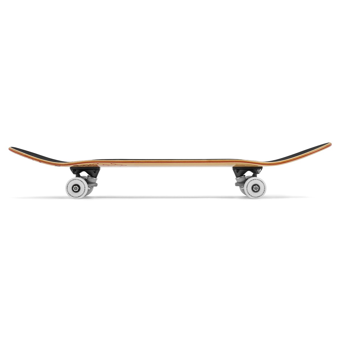 A side view of the Enuff Three Tier Reloaded Natural Complete Skateboard (8.0" x 32.0") by Enuff, with a 7-ply maple deck, black grip tape, white wheels with ABEC 7 bearings, and curved upward ends.