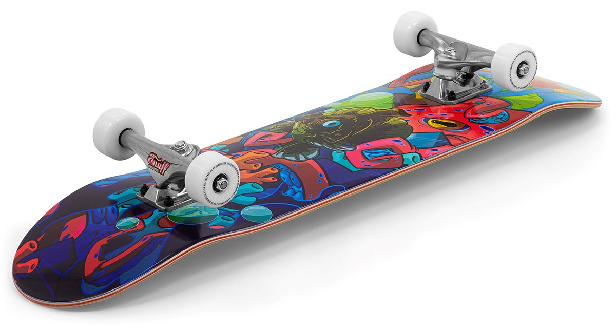The Enuff Lost At Sea Goldfish Complete Skateboard (8.0" x 32.0") features a vibrant multicolored underside, white wheels and trucks, and is ideal for beginners. Displayed on a white background; perfect for new riders.