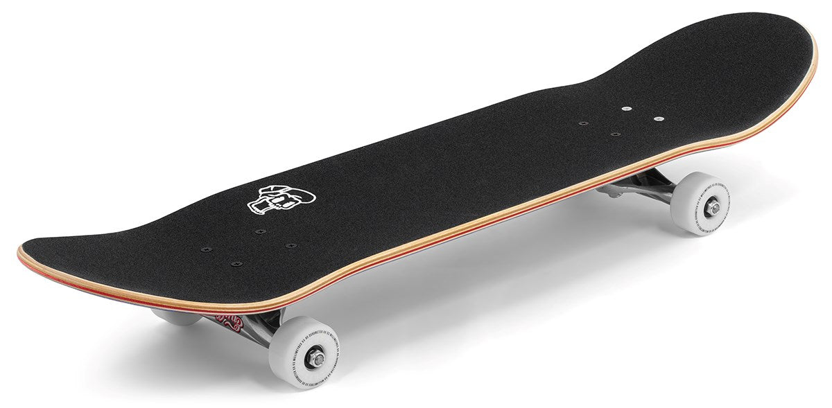 The Enuff Lost At Sea Goldfish Complete Skateboard (8.0" x 32.0") features a black deck with a small white front graphic, white wheels, and silver trucks. Shown diagonally on a white background, it's an ideal beginner board from Enuff.