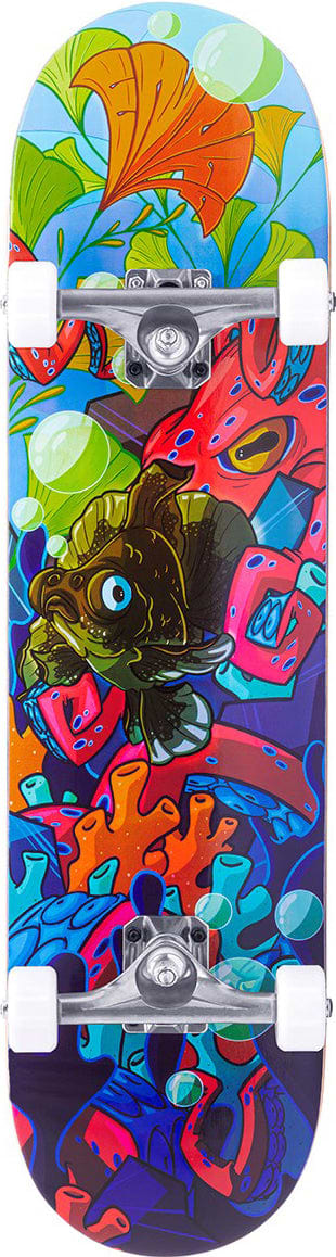 The Enuff Lost At Sea Goldfish Complete Skateboard (8.0" x 32.0") by Enuff features vibrant underwater designs with goldfish, seaweed, and bubbles in bold colors—ideal for beginner skateboarders.