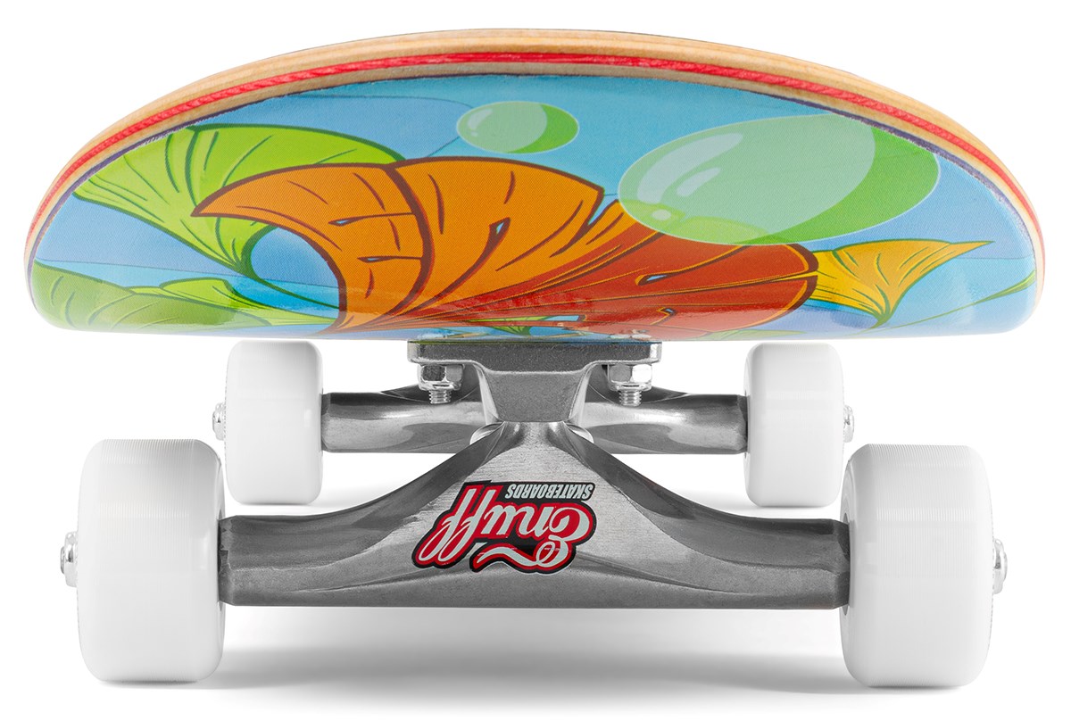 Close-up of the Enuff Lost At Sea Goldfish Complete Skateboard (8.0" x 32.0"), ideal for beginners, featuring a vibrant goldfish design, white wheels, and sturdy metal trucks.