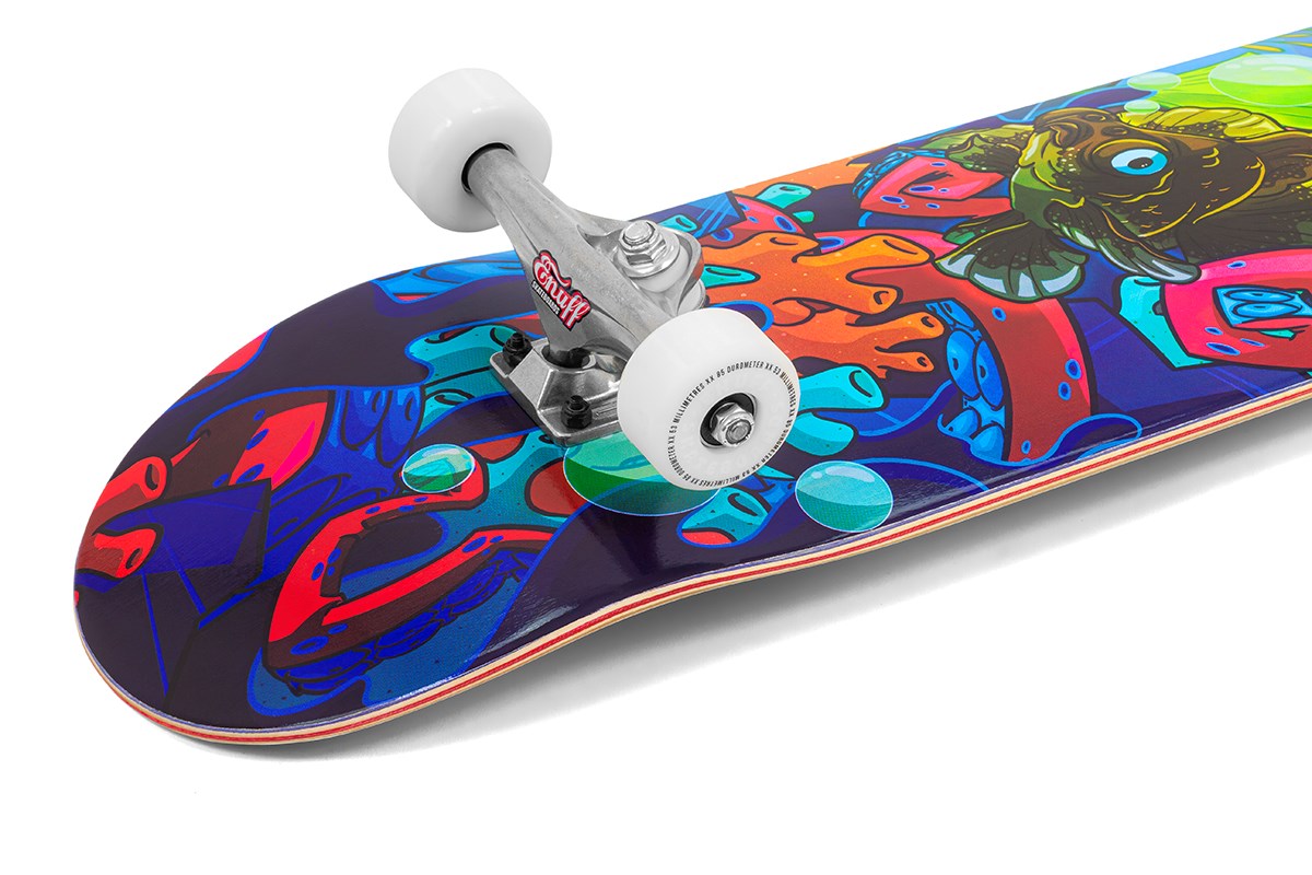 A close-up of the Enuff Lost At Sea Goldfish Complete Skateboard (8.0" x 32.0") by Enuff, featuring vibrant artwork with goldfish, abstract shapes, and bubbles. This complete skateboard comes with white wheels and silver trucks—great for beginners.