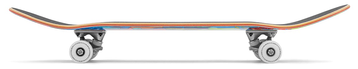 Side view of the Enuff Lost At Sea Goldfish Complete Skateboard (8.0" x 32.0") by Enuff, featuring a curved nose and tail, vibrant deck layers, silver trucks, and white wheels—perfect for beginners on a white background.