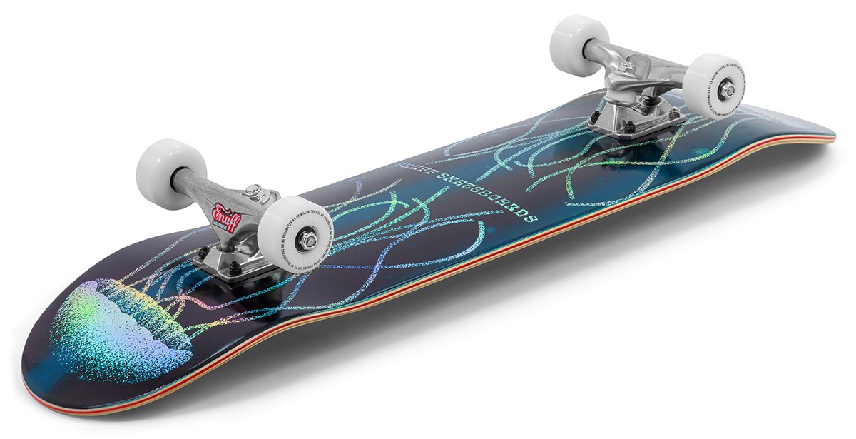 The Enuff Abyss Jellyfish Complete Skateboard (8.0" x 32.0") by Enuff features white wheels and trucks, a vibrant jellyfish graphic, and wavy lines on its dark maple deck.