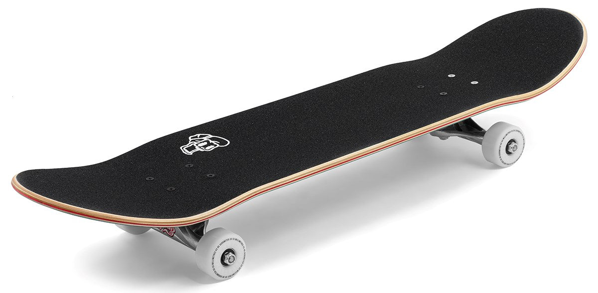 The Enuff Abyss Jellyfish Complete Skateboard (8.0" x 32.0") by Enuff features white wheels, silver trucks, a black deck with a white skull graphic on the griptape, exposed maple layers on the edges, all shown on a white background.