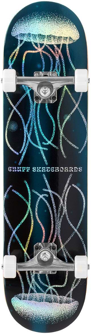 The Enuff Abyss Jellyfish Complete Skateboard (8.0" x 32.0") features a holographic jellyfish and wavy lines on a dark maple deck, silver trucks, white wheels, and bold distressed "Snuff Skateboards" text on top.