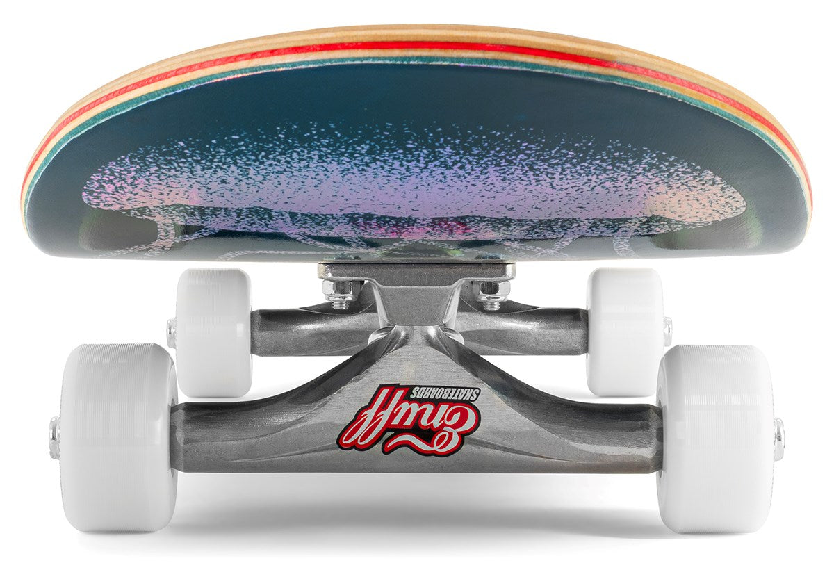Close-up of the Enuff Abyss Jellyfish Complete Skateboard (8.0" x 32.0") from the front, featuring white wheels, a silver truck with a red "Gullwing" logo, and the colorful maple deck with layered wood edges.