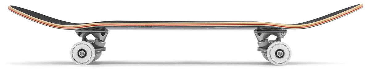 Side view of the Enuff Abyss Jellyfish Complete Skateboard (8.0" x 32.0") by Enuff, featuring a curved maple deck, layered build, metal trucks, and white wheels, isolated on a white background.