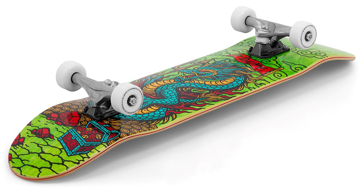 The Enuff Yokai Dragon Complete Skateboard (8.25" x 32.1") by Enuff features a striking Japanese dragon graphic with red and blue accents, white wheels, and silver trucks—all highlighted from a dramatic low angle.