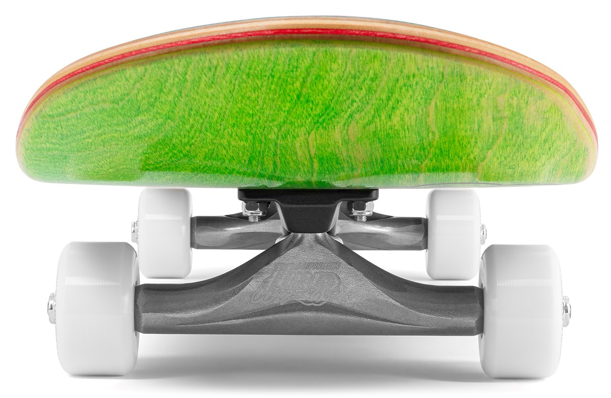 Close-up of the Enuff Yokai Dragon Complete Skateboard - 8.25" x 32.1", by Enuff, featuring a bright green deck with red edges, sturdy metal trucks, and four white wheels, inspired by Japanese dragon designs, shown against a white background.