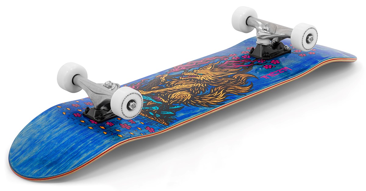 The Enuff Yokai Kitsune Complete Skateboard (8.25" x 32.1") by Enuff features a golden wolf amid red flowers on its 7-ply maple deck, inspired by Japanese folklore, and is shown from a low side angle with white wheels.