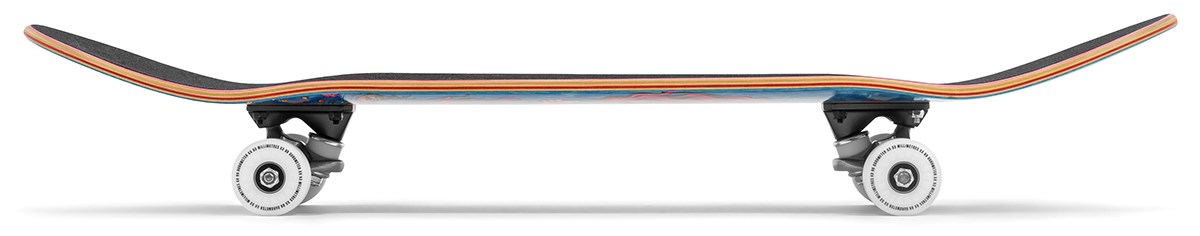 Side view of the Enuff Yokai Kitsune Complete Skateboard (8.25" x 32.1") by Enuff, with black grip tape, multicolored side layers, white wheels, and silver trucks—ideal for fans of Japanese folklore skateboard designs.