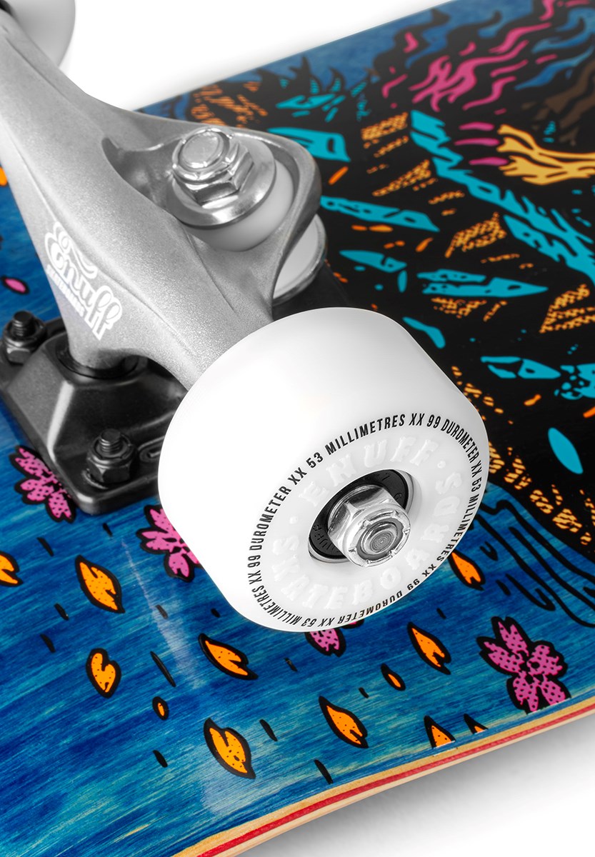 Close-up of the Enuff Yokai Kitsune Complete Skateboard (8.25" x 32.1") showing a 7-ply maple deck with colorful Japanese folklore-inspired artwork and white wheels with black text, from the brand Enuff.