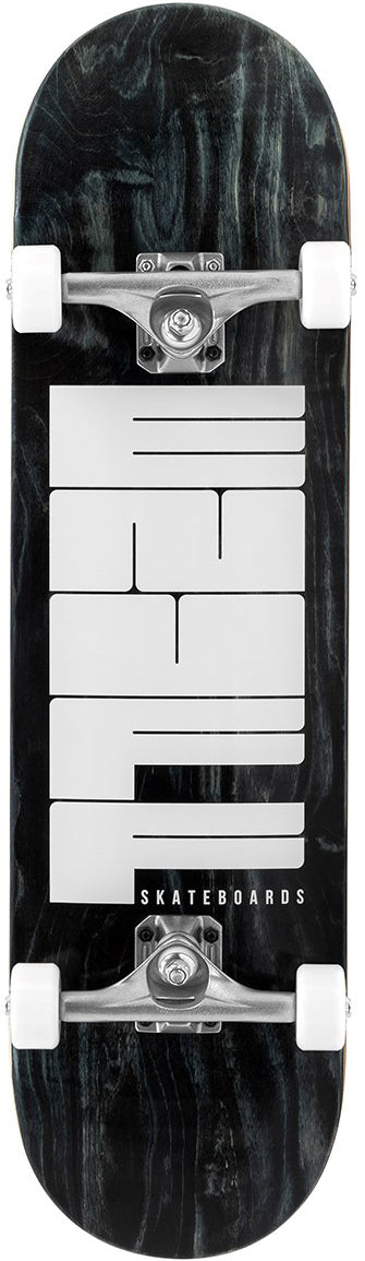 The Enuff Throwback Black Complete Skateboard (8.5" x 32.1") by Enuff features white wheels, silver trucks, and "SKATEBOARDS" in bold white block letters on its 7-ply maple deck for a sleek retro look.