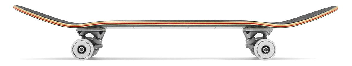 A side view of the Enuff Throwback Black Complete Skateboard (8.5" x 32.1") shows its 7-ply maple layers, curved nose and tail, white wheels, and silver trucks by Enuff, all set against a white background.