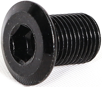 A close-up of the Ethic DTC Stunt Scooter Brake Bolt - Black, featuring a wide flange and threaded body, by Ethic DTC, resting on a white textured surface.