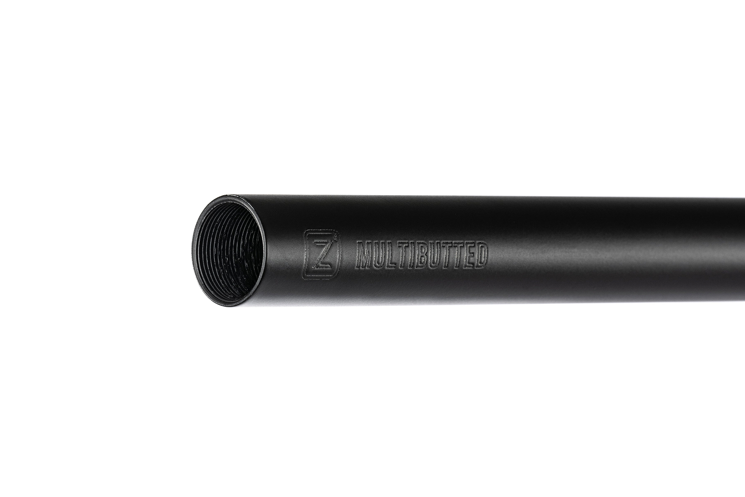 A black cylindrical metal tube, part of Ethic DTC Tenacity V2 Steel Oversized HIC Stunt Scooter T-Bars (770mm x 600mm), displays "MULTIBUTED" and a stylized "Z" engraved on the chromoly steel, shown against a white background.