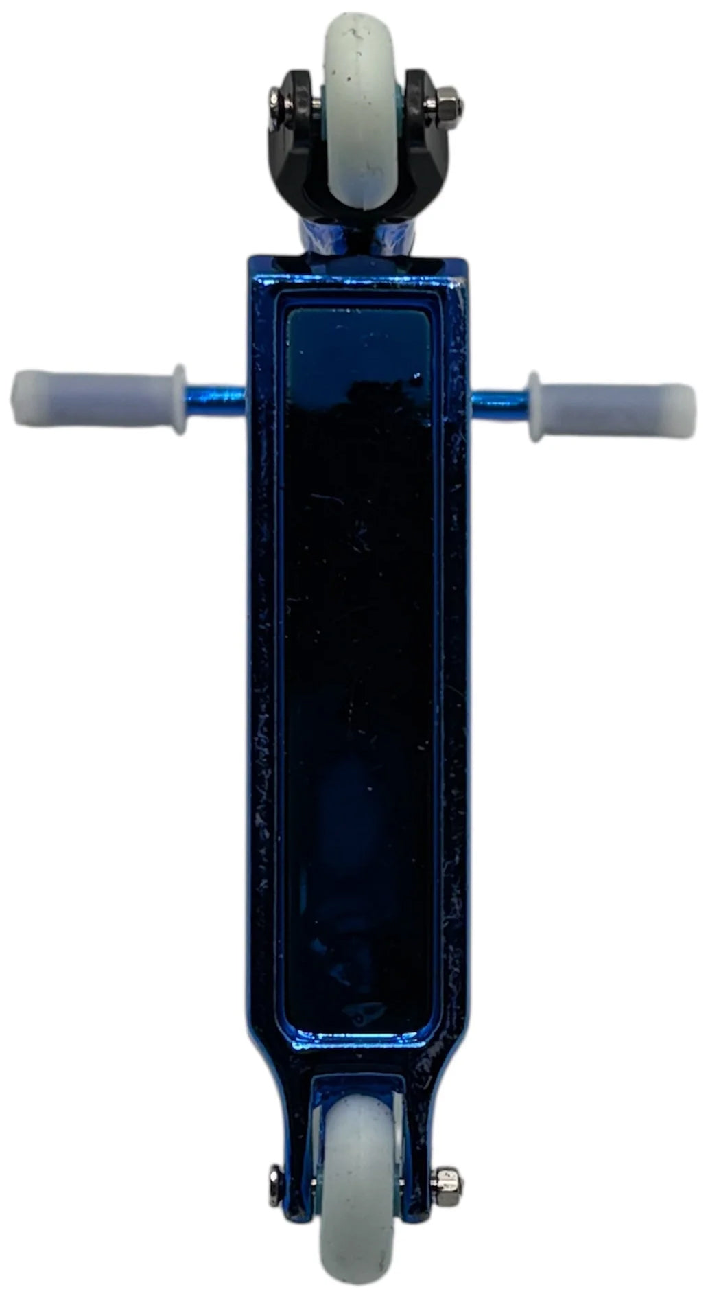 Top-down view of the Finger Whips Finger Toy Scooter - Blue Chrome with gray handlebars and wheels on a white background—a great addition to any Finger Whips collection.