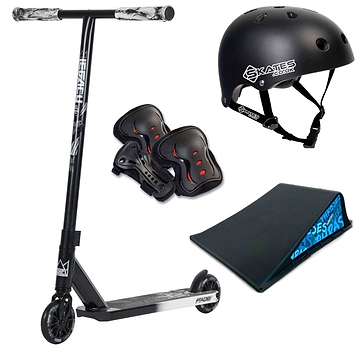 The Legacy Fade Black / Grey Stunt Scooter Starter Bundle by Legacy features a black stunt scooter, matching skate helmet, black and red knee pads, and a small black skate ramp—ideal for beginners seeking an all-in-one set.
