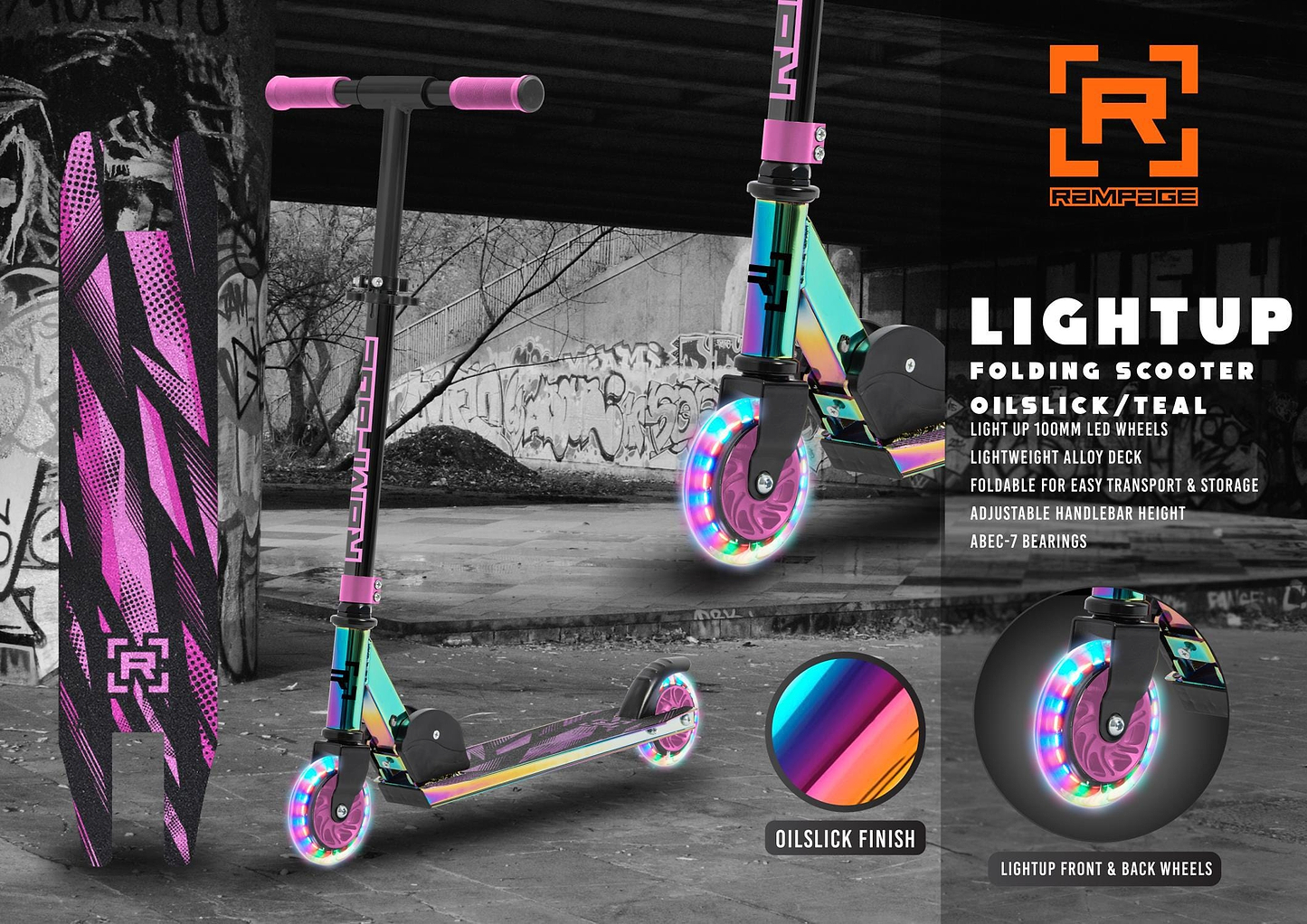 The Rampage Light Up Foldable Kick Scooter - Neochrome / Pink lifestyle image.