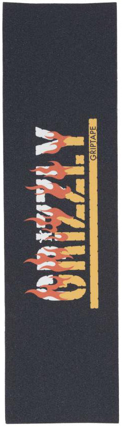 Introducing the Grizzly Graphic Skateboard Griptape - Firestarter by Grizzly: a rectangular black griptape featuring bold, flaming “GRIZZLY” lettering and smaller yellow “GRIPTAPE” text. This flame-inspired design provides a coarse grit texture for dependable board control.
