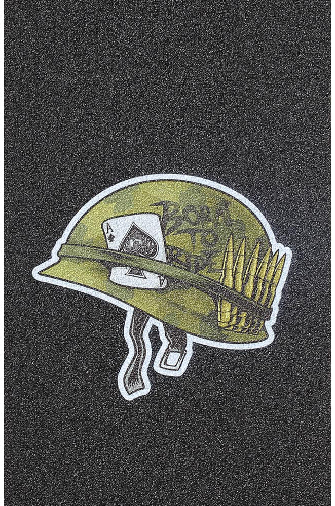 Featuring a bold, gritty design, the Blunt Envy AOSV6 Stunt Scooter Griptape - Helmet showcases a green military helmet with bullet cartridges and an ace of spades card, emblazoned with “Born to Die” on the side. Cartoon legs beneath the helmet give it a walking appearance, making this Blunt Envy griptape perfect for adding custom flair to your AOSV6 deck or any stunt scooter setup.