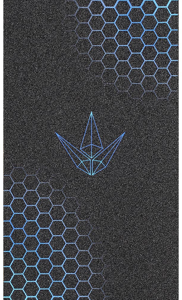 Featuring a textured black surface with blue geometric honeycomb patterns in two corners and a striking blue wireframe paper boat shape at the center, the Blunt Envy Hex Stunt Scooter Griptape - Blue is the perfect choice for riders looking to stand out with bold style from Blunt Envy.