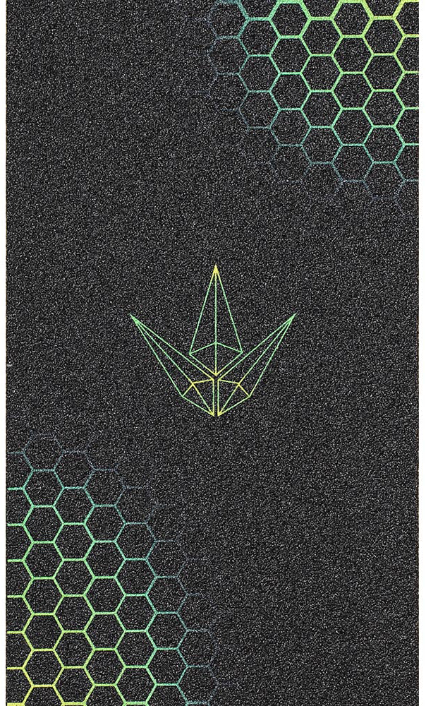 Featuring a black textured surface accented with green and yellow hexagonal patterns in two corners and a geometric leaf or boat shape outlined at the center, the Blunt Envy Hex Stunt Scooter Griptape - Green is inspired by premium design—ideal for enthusiasts searching for top-quality Blunt Envy scooter parts.