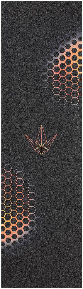 Featuring a black rectangular surface with two bold red hexagonal patterns—one in the upper right and one in the lower left—and an origami bird design at the center, all outlined with vibrant red and yellow lines, the Blunt Envy Hex Stunt Scooter Griptape - Red from Blunt Envy makes a standout addition to your scooter parts collection.