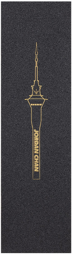 Blunt Envy AOSV6 Stunt Scooter Griptape - Jordan Chan Signature features sleek black grip tape with a gold outline of the Sky Tower and “JORDAN GIAM” vertically displayed within the tower’s structure, centered for a bold statement. Perfect for fans of Blunt Envy scooter accessories, this premium griptape adds unique flair and standout style to your ride.