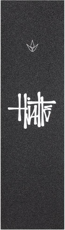 The Blunt Envy AOSV6 Stunt Scooter Griptape - Happy Hjalte features black grip tape with a white graphic logo at the top and stylized white “Hiatus” text in the center, inspired by premium Blunt Envy scooter griptape for riders who value both style and performance.