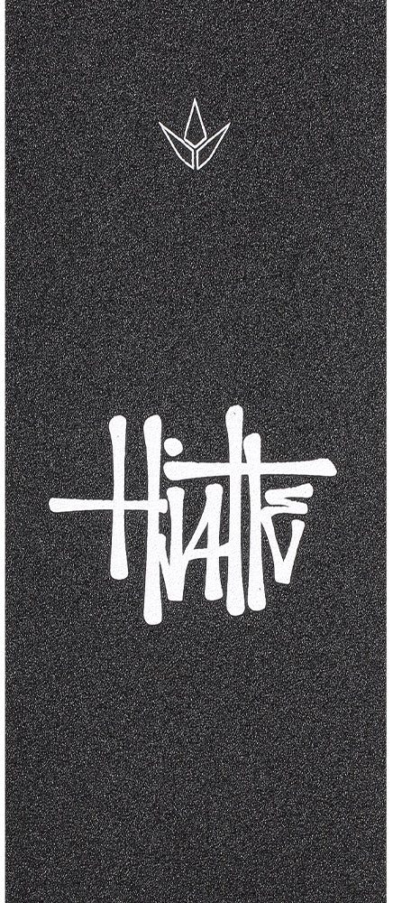 The Blunt Envy AOSV6 Stunt Scooter Griptape - Happy Hjalte features black griptape with a durable, rough texture, white graffiti-style text in the center, and a small geometric leaf logo near the top—ideal for customizing your deck or as a perfect fit for Blunt Envy AOSV6 scooters.