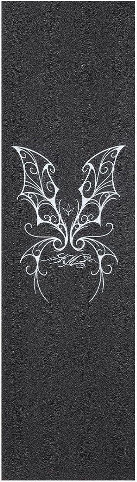 Featuring a striking white, ornate butterfly design with swirling, decorative patterns on its wings set against a black rectangular surface, the Blunt Envy AOSV6 Stunt Scooter Griptape - Kai Martin Signature combines top-notch grip and standout style for your scooter.