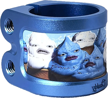 The Chubby Gnasher 2 Bolt Oversized Scooter Clamp - Ice Cream by Chubby is crafted from durable 7075-T6 aluminium and features a blue metal finish decorated with five cartoonish, blue and white meringue-like faces with expressive, exaggerated features.