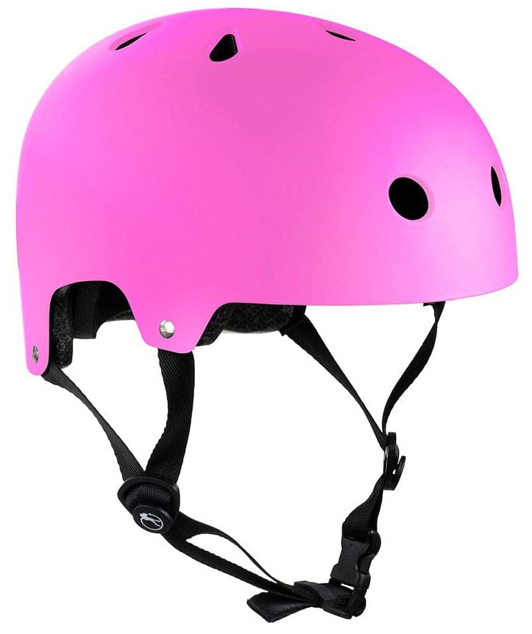 The SFR Essentials Skate / Scooter Helmet in matt pink features high-impact ABS, ventilation holes, and adjustable black straps with a buckle—ideal for biking, skateboarding, scootering, and more.