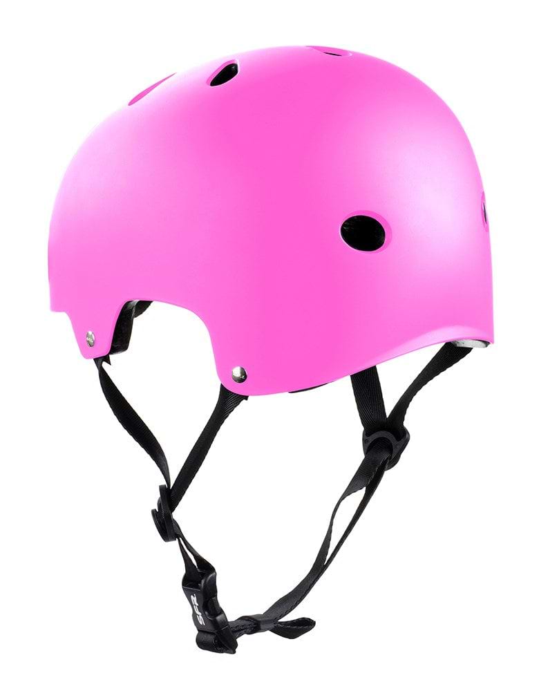 The SFR Essentials Skate / Scooter Helmet by SFR, shown in matt pink with ventilation holes and adjustable black straps, is ideal for skating or scootering and displayed against a plain white background.
