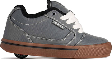 The Heelys Pro 25 Boys Shoes in Grey, Antique White, and Black feature crisp white laces, a comfy black inner lining, and a stylish brown gum sole. With their signature visible heel wheel for smooth rolling action, these authentic Heelys by Heelys are the perfect choice for boys who want classic style and all the fun of genuine Heelys sneakers.