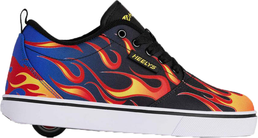 The Heelys Pro 20 Prints Boys Shoes by Heelys feature black laces, a black sole, and a vibrant flame pattern in red, yellow, and blue. Designed with boys in mind, this stylish single wheel model has a visible rear wheel for smooth rolling action.